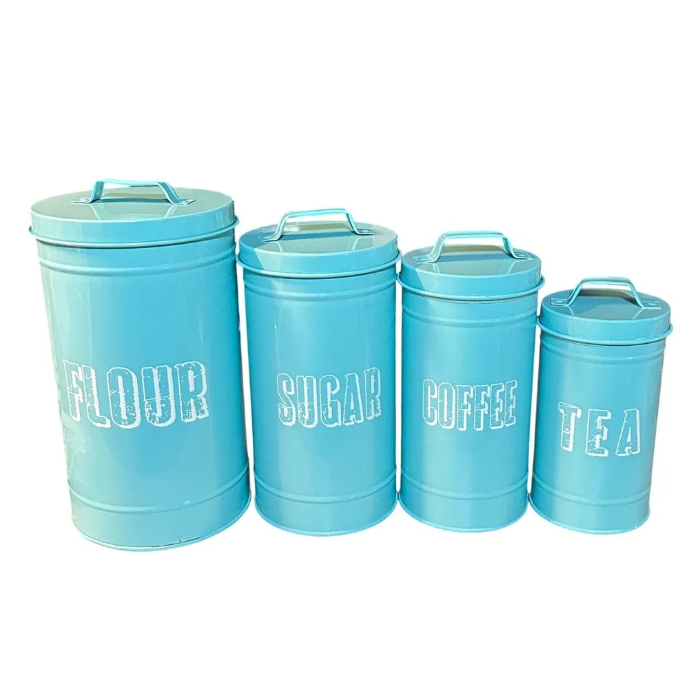 Turquoise Metal Farmhouse Canister Set Flour Sugar Coffee Tea 4 Piece